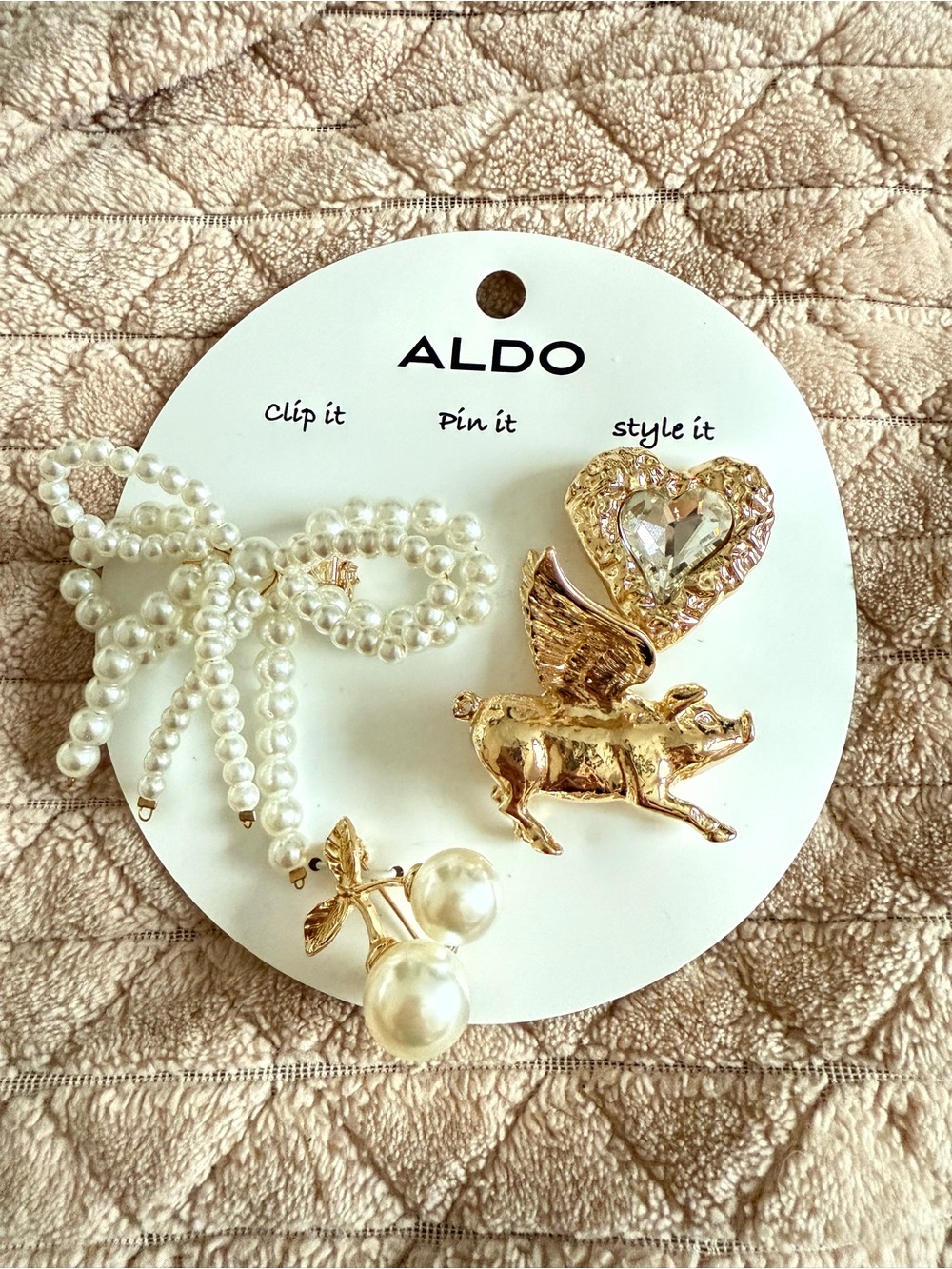 Aldo Pearl Bow, Cherry & Gold Charm Pin Set